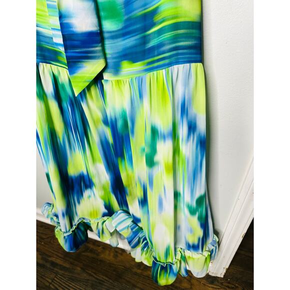 ONE33 SOCIAL Green Blue Watercolor Abstract Halter Neck Tie Dye Dress Gown SZ 4 - Picture 12 of 16
